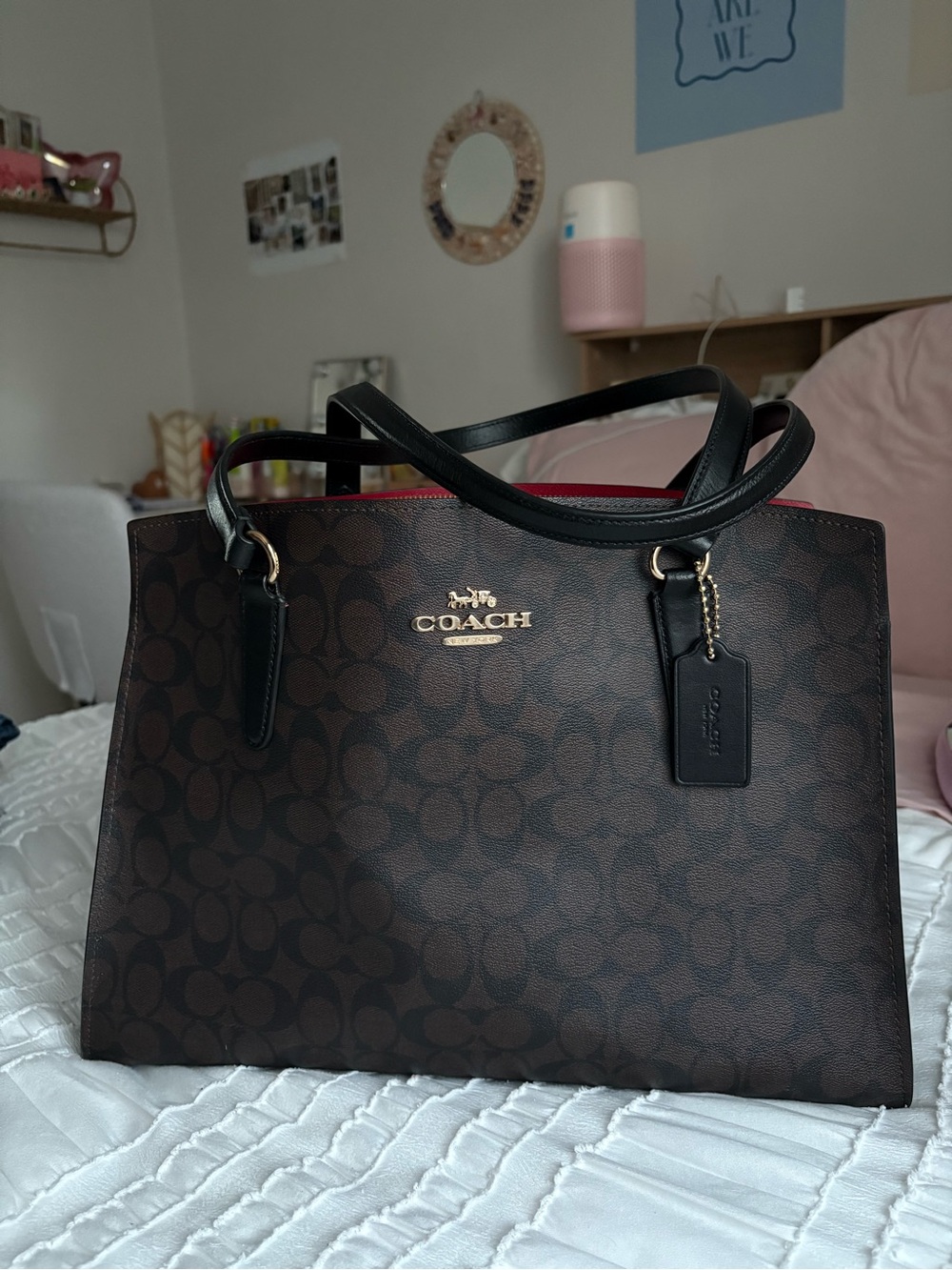 Coach Tatum Carryall Signature Tote with Black Handles and Red Lining